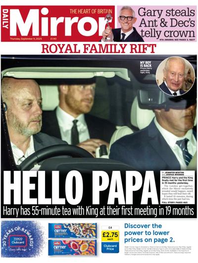 Daily Mirror Newspaper Front Page (UK) for 11 September 2025