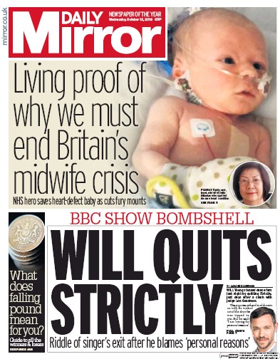 Daily Mirror Newspaper Front Page (UK) for 12 October 2016