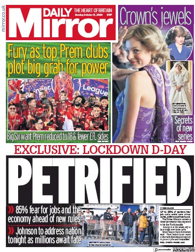 Daily Mirror Newspaper Front Page (UK) for 12 October 2020