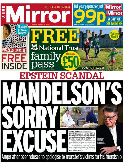 Daily Mirror Newspaper Front Page (UK) for 12 January 2026