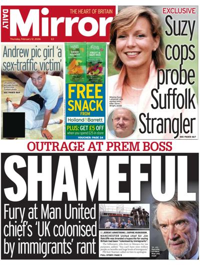 Daily Mirror Newspaper Front Page (UK) for 12 February 2026