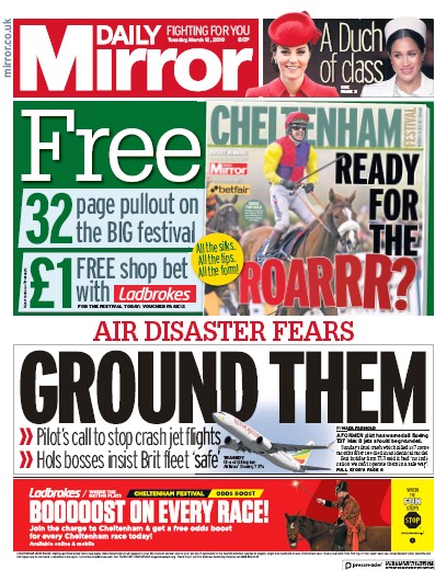 Daily Mirror Newspaper Front Page (UK) for 12 March 2019