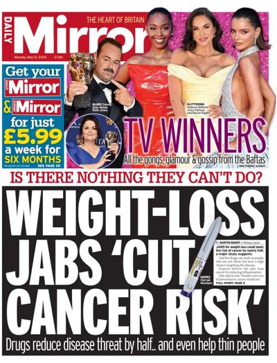Daily Mirror Newspaper Front Page (UK) for 12 May 2025