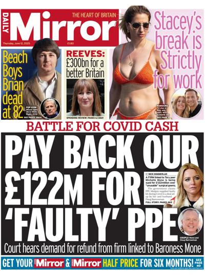 Daily Mirror Newspaper Front Page (UK) for 12 June 2025