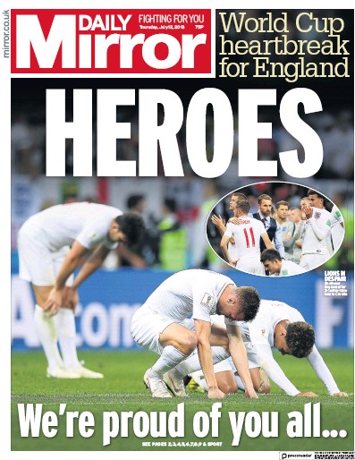 Daily Mirror Newspaper Front Page (UK) for 12 July 2018