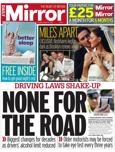 Daily Mirror Newspaper Front Page (UK) for 12 August 2025