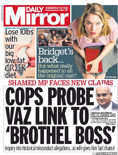 Daily Mirror Newspaper Front Page (UK) for 12 September 2016