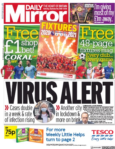 Daily Mirror Newspaper Front Page (UK) for 12 September 2020