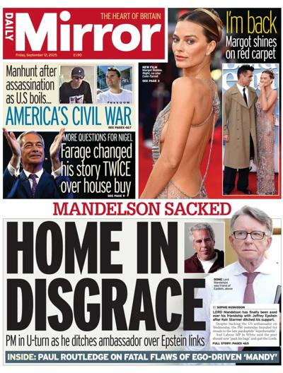 Daily Mirror Newspaper Front Page (UK) for 12 September 2025