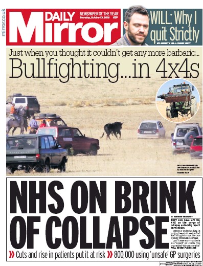 Daily Mirror Newspaper Front Page (UK) for 13 October 2016