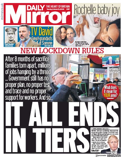 Daily Mirror Newspaper Front Page (UK) for 13 October 2020