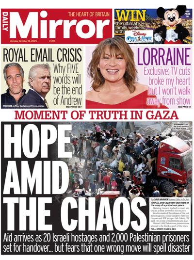 Daily Mirror Newspaper Front Page (UK) for 13 October 2025