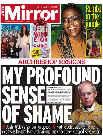 Daily Mirror Newspaper Front Page (UK) for 13 November 2024