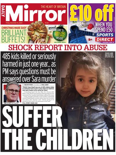 Daily Mirror Newspaper Front Page (UK) for 13 December 2024