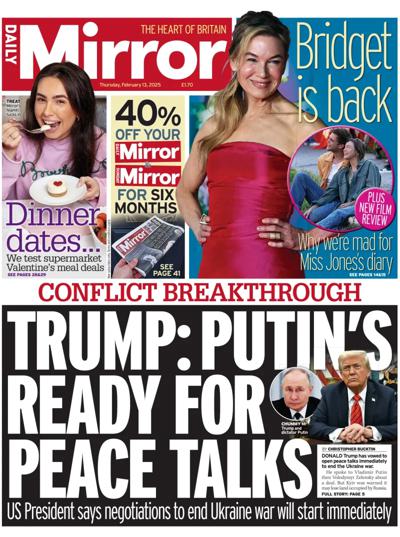 Daily Mirror Newspaper Front Page (UK) for 13 February 2025