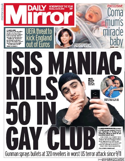 Daily Mirror Newspaper Front Page (UK) for 13 June 2016