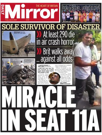 Daily Mirror Newspaper Front Page (UK) for 13 June 2025