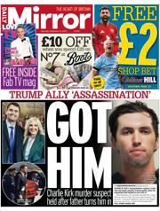 Daily Mirror front page for 13 September 2025
