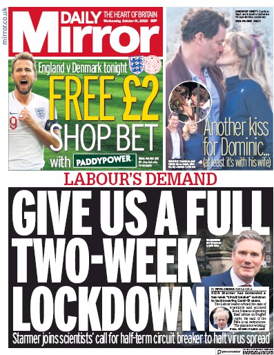 Daily Mirror Newspaper Front Page (UK) for 14 October 2020