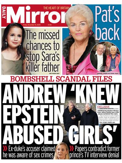 Daily Mirror Newspaper Front Page (UK) for 14 November 2025