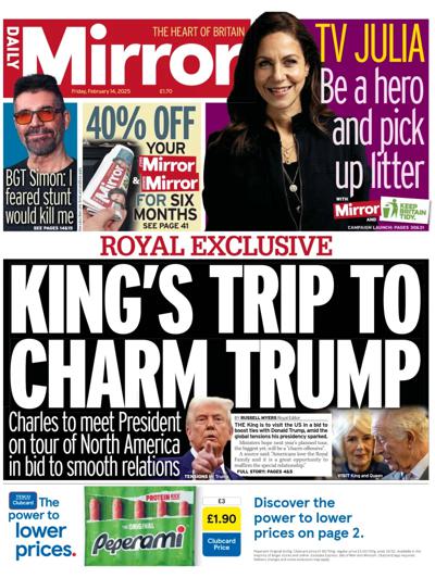 Daily Mirror Newspaper Front Page (UK) for 14 February 2025