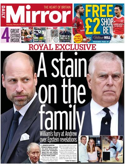 Daily Mirror Newspaper Front Page (UK) for 14 February 2026