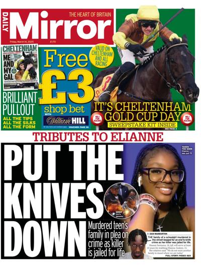 Daily Mirror Newspaper Front Page (UK) for 14 March 2025
