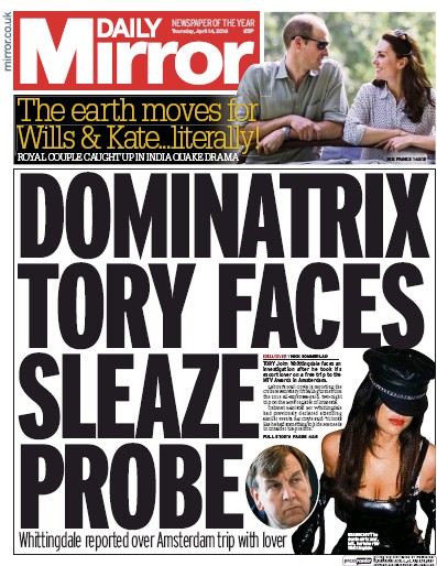 Daily Mirror Newspaper Front Page (UK) for 14 April 2016