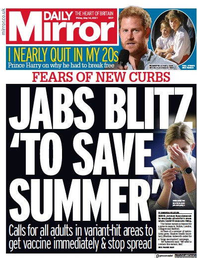 Daily Mirror Newspaper Front Page (UK) for 14 May 2021