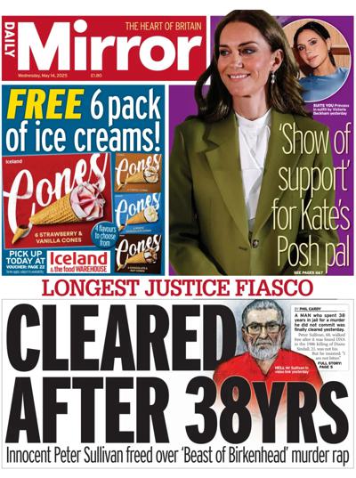 Daily Mirror Newspaper Front Page (UK) for 14 May 2025