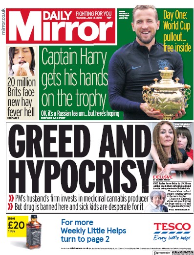 Daily Mirror Newspaper Front Page (UK) for 14 June 2018