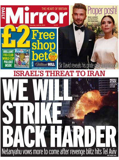 Daily Mirror Newspaper Front Page (UK) for 14 June 2025