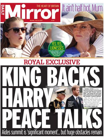 Daily Mirror Newspaper Front Page (UK) for 14 July 2025