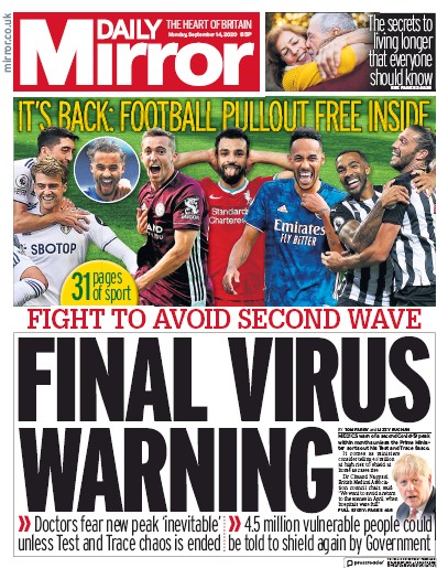 Daily Mirror Newspaper Front Page (UK) for 14 September 2020