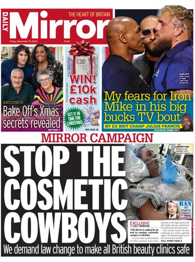 Daily Mirror Newspaper Front Page (UK) for 15 November 2024