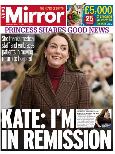 Daily Mirror Newspaper Front Page (UK) for 15 January 2025