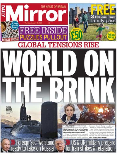 Daily Mirror Newspaper Front Page (UK) for 15 January 2026
