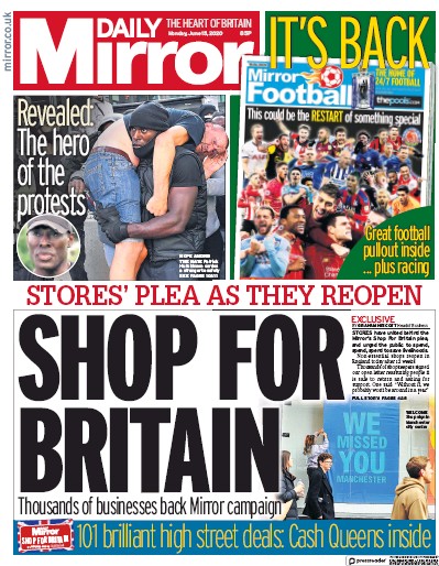 Daily Mirror Newspaper Front Page (UK) for 15 June 2020