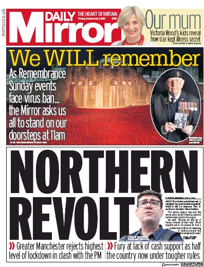 Daily Mirror Newspaper Front Page (UK) for 16 October 2020