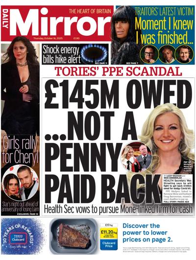 Daily Mirror Newspaper Front Page (UK) for 16 October 2025