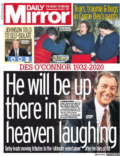 Daily Mirror Newspaper Front Page (UK) for 16 November 2020