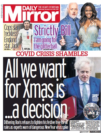 Daily Mirror Newspaper Front Page (UK) for 16 December 2020