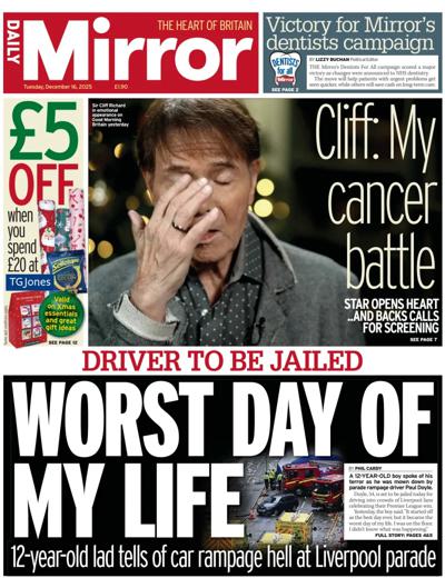 Daily Mirror Newspaper Front Page (UK) for 16 December 2025