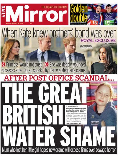 Daily Mirror Newspaper Front Page (UK) for 16 February 2026
