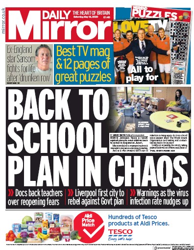 Daily Mirror Newspaper Front Page (UK) for 16 May 2020