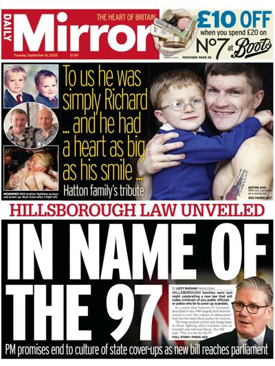 Daily Mirror Newspaper Front Page (UK) for 16 September 2025