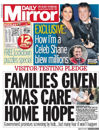 Daily Mirror Newspaper Front Page (UK) for 17 November 2020