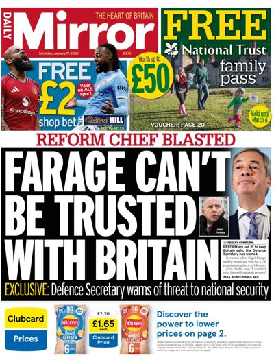 Daily Mirror Newspaper Front Page (UK) for 17 January 2026