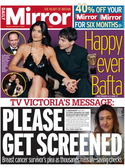 Daily Mirror Newspaper Front Page (UK) for 17 February 2025