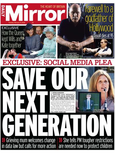 Daily Mirror Newspaper Front Page (UK) for 17 February 2026